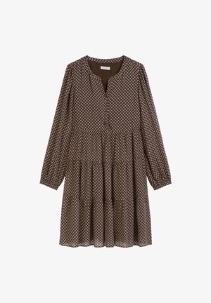 Long-sleeve brown dress with a geometric pattern, button-down neckline, and tiered skirt. Made of lightweight fabric with gathered sleeves.