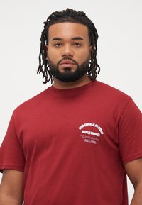 Mand med skæg og dreadlocks iført en rød T-shirt med hvid tekst på brystet, stående mod en ensfarvet lys baggrund.