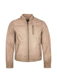 Beige leather jacket with front zipper, stand-up collar, and zippered pockets on the chest and sides, designed for men.