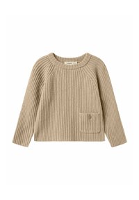 Beige Strickpullover mit geripptem Muster, Rundhalsausschnitt, langen Ärmeln und einer Tasche mit Knopfdetail auf der Vorderseite.