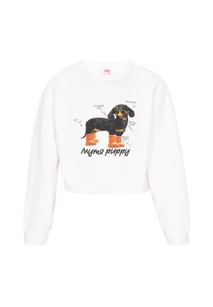 Weißes, kurz geschnittenes Sweatshirt mit einer bedruckten Illustration eines schwarz-braunen Dackels in orangen Stiefeln, beschriftet mit Details zur Hundeanatomie.