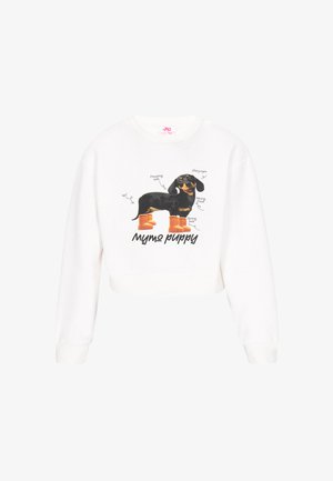 Weißes, kurz geschnittenes Sweatshirt mit einer bedruckten Illustration eines schwarz-braunen Dackels in orangen Stiefeln, beschriftet mit Details zur Hundeanatomie.