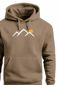 Brown hoodie with white mountain peaks graphic and an orange sun on chest, featuring front pocket and hood with drawstrings.