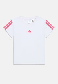 White short-sleeve t-shirt with pink three-stripe accents on shoulders and small pink logo on chest. Made from soft, breathable fabric.