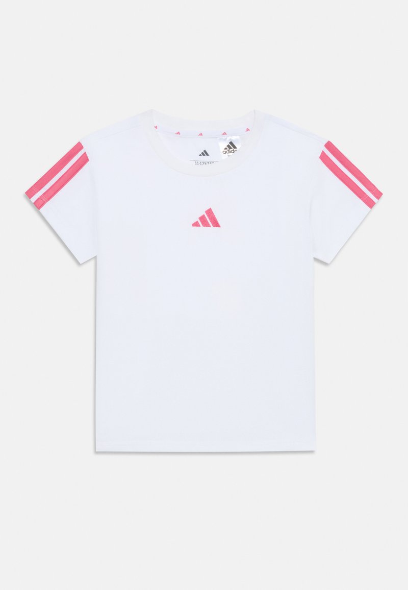 White short-sleeve t-shirt with pink three-stripe accents on shoulders and small pink logo on chest. Made from soft, breathable fabric.