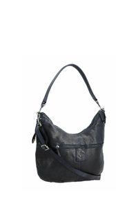 Borsa a spalla in pelle blu navy con forma curva, tracolla regolabile, accessori argentati e una tasca frontale con zip che presenta un dettaglio del logo.