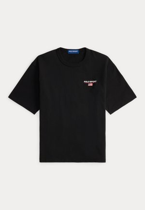Black short-sleeve T-shirt made of cotton. Features "POLO SPORT" logo in white and red, with an American flag graphic on the left chest.