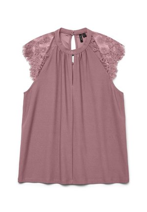 Purple blouse with lace shoulder accents, round neckline, and keyhole opening at the back. Made from soft, smooth fabric with a relaxed fit.