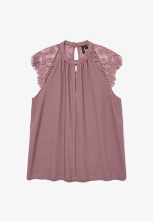 Lilla bluse med blonde skulderdetaljer, rund halsudskæring og nøglehulåbning bagpå. Fremstillet af blødt, glat stof med en afslappet pasform.