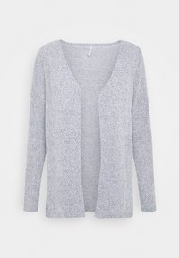 Jasnoszary kardigan otwarty z długim rękawem, z fakturowanym wzorem dzianiny, bez guzików i zapięć.