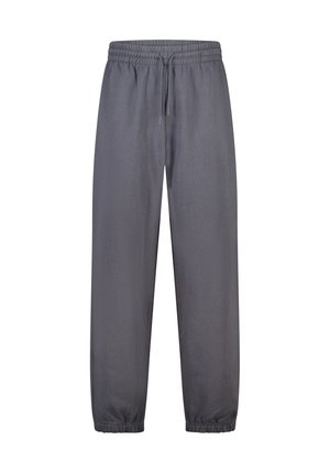 Grijze sportbroek met een elastische tailleband, verstelbaar trekkoord en elastische boorden, met een gladde textuur en een ontspannen pasvorm.