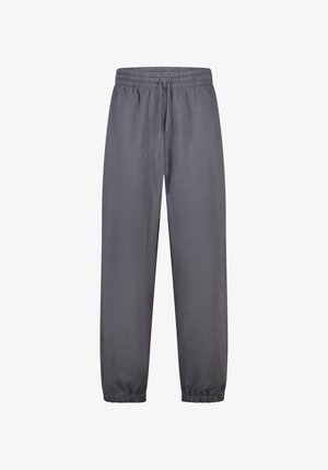 Pantaloni sportivi grigi con vita elastica, coulisse regolabile e polsini elastici, caratterizzati da una texture liscia e una vestibilità comoda.