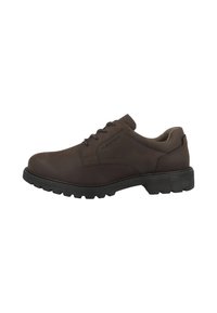 Scarpa in pelle marrone con punta rotonda, design con lacci e suola in gomma testurizzata caratterizzata da profonde scanalature per aderenza e trazione.