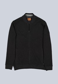 Black zip-up cardigan made of textured fabric, featuring a ribbed collar, long sleeves, and a straight hem with side pockets.