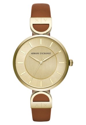 Reloj Armani Exchange en tono dorado con esfera minimalista, marcadores dorados, correa de cuero marrón y hebilla dorada con el logo "A|X".
