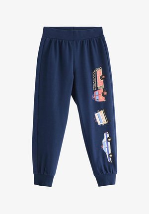 Tamsiai mėlyni laisvalaikio kelnės su elastinga juosmens juosta, ant kurios margomis spalvomis pavaizduoti įvairūs transporto priemonės: gaisrinė mašina, policijos automobilis ir autobusas šone.