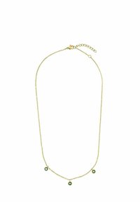 Delicada cadena de oro con tres pequeños colgantes de piedra preciosa verde redondeados, distribuidos uniformemente a lo largo de la mitad inferior.