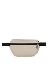Marsupio in nylon beige con chiusura zip nera, superficie texturizzata e tracolla nera regolabile. Forma a pochette con dettagli di cucitura sottile.