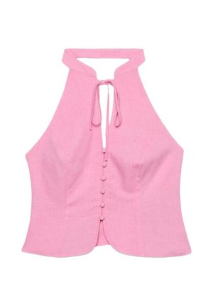 Ružový bezrukávový halter top s kľúčovým výstrihom, ktorý sa viaže dvoma šnúrkami, a so šiestimi gombíkmi pokrytými látkou na prednej strane.