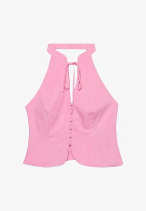 Růžový bezrukávový halter top s kulatým výstřihem na šňůrky a šesti knoflíky potaženými látkou vpředu.