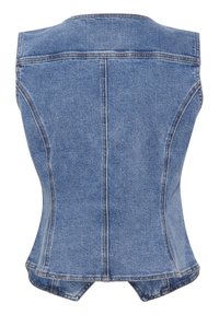 Blaues Jeans-Weste ohne Ärmel mit vertikalen und geschwungenen Nähten sowie einem leicht ausgestellten, asymmetrischen unteren Saum.