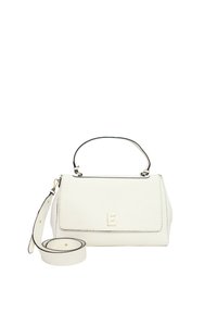 Borsa a mano in pelle bianca con una forma strutturata, dotata di manico superiore e tracolla rimovibile, accentuata da rifiniture nere e un logo dorato.