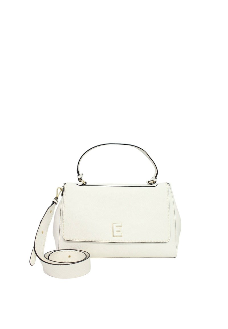 Borsa a mano in pelle bianca con una forma strutturata, dotata di manico superiore e tracolla rimovibile, accentuata da rifiniture nere e un logo dorato.