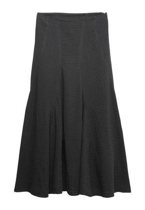 Zwarte midi-rok met textuur, uitlopende zoom en paneelontwerp.