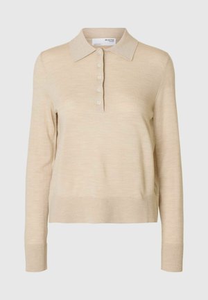 Suéter de polo de manga larga beige, hecho de una tela suave, con un collar clásico, una tapeta de botones con cinco botones y puños y dobladillo acanalados.