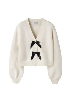 Cardigan à manches longues couleur crème avec un profond col en V et deux nœuds en ruban noir comme fermetures avant, poignets et ourlet côtelés.