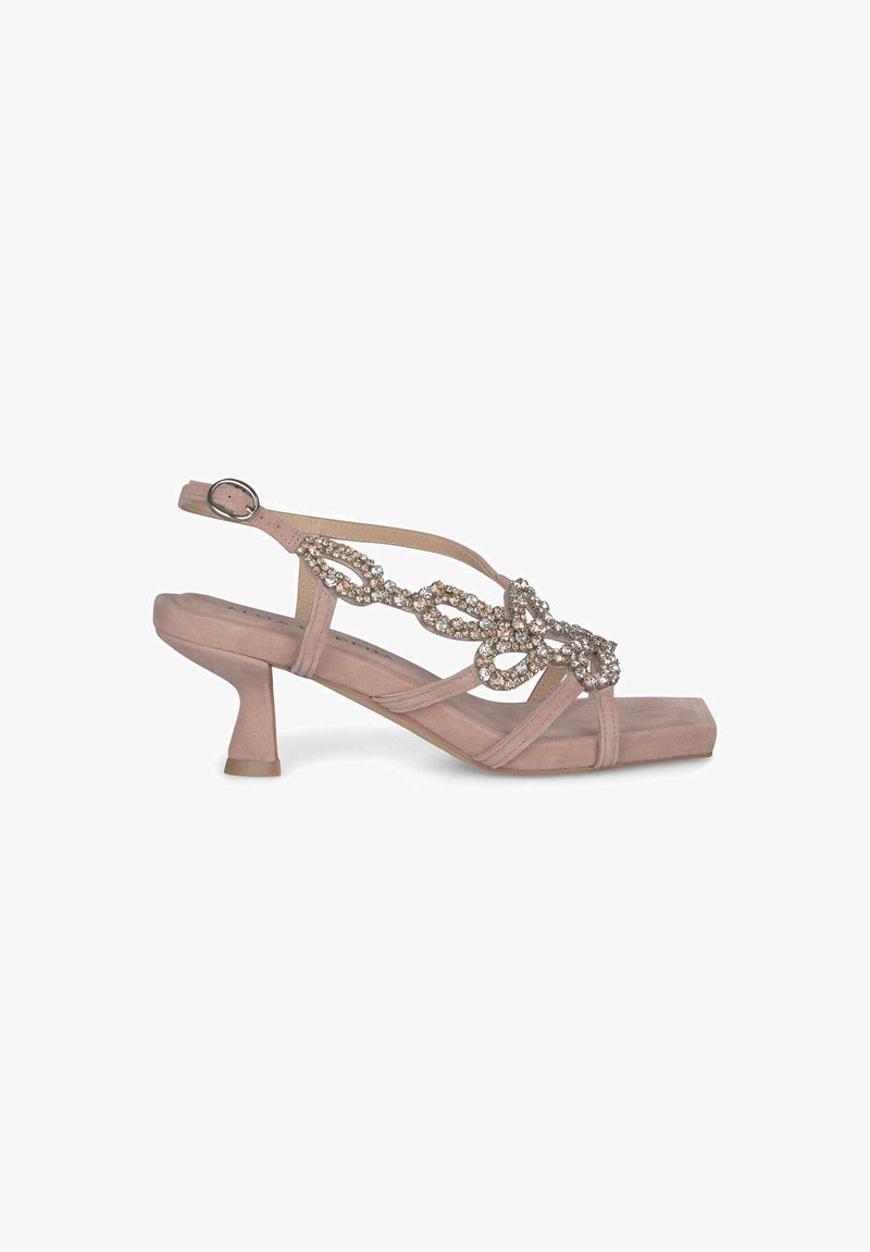 Rosa Wildleder-High Heels mit quadrater Spitze und niedrigem Absatz, verziert mit dekorativen Kristallen an den Riemen. Verstellbarer Knöchelriemen mit Schnalle.