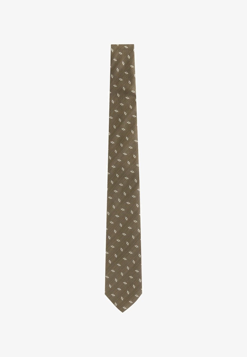 Cravate marron avec un motif subtil en diamants blancs. Fabriquée en tissu avec une surface texturée. Design étroit avec une pointe pointue.