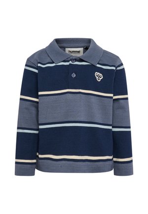 Marineblauw en lichtblauw poloshirt met lange mouwen, horizontale strepen en een klein geborduurd logo op de borst.