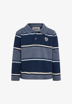 Mørkeblå og lyseblå langærmet poloshirt med vandrette striber og et lille broderet logo på brystet.