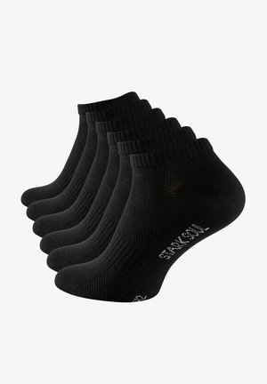 Black ankle socks in a set of six. Made of a textured material, featuring a ribbed cuff and a logo printed on the side. Durable design.
