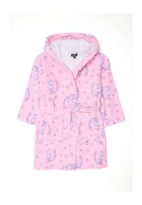 Roze kinderbadjas met capuchon, versierd met paarse eenhoorns en sterrenpatronen, met voorzakken en een strikceintuur.