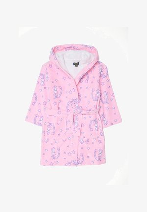 Rosa Kinderbadewonne mit einer Kapuze, lila Einhorn- und Sternmustern, vorderen Taschen und einem gebundenen Gürtel.