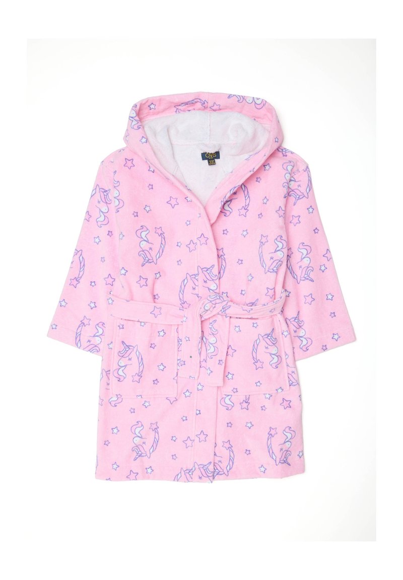 Roze kinderbadjas met capuchon, versierd met paarse eenhoorns en sterrenpatronen, met voorzakken en een strikceintuur.