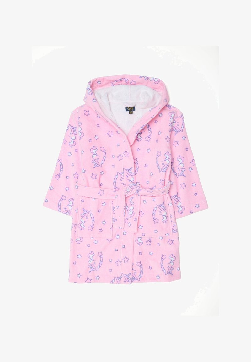 Roze kinderbadjas met capuchon, versierd met paarse eenhoorns en sterrenpatronen, met voorzakken en een strikceintuur.