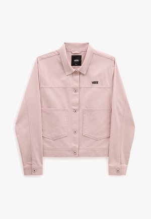 Giacca di jeans rosa chiaro con maniche lunghe, colletto, due tasche frontali e chiusura con bottoni. Presenta il logo Vans in nero sul petto.