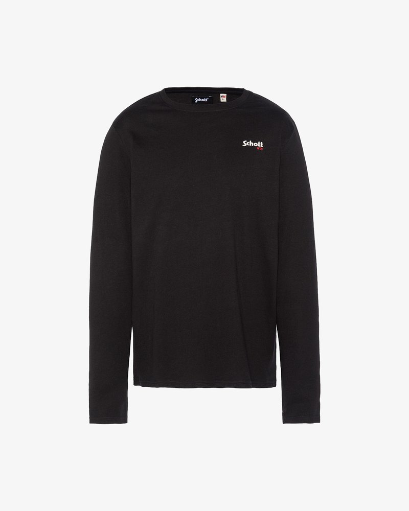 Schwarzes Langarm-T-Shirt aus Baumwolle mit Rundhalsausschnitt und kleinem roten "Schott"-Logo auf der Brust. Gerader Saum und einfaches Design.