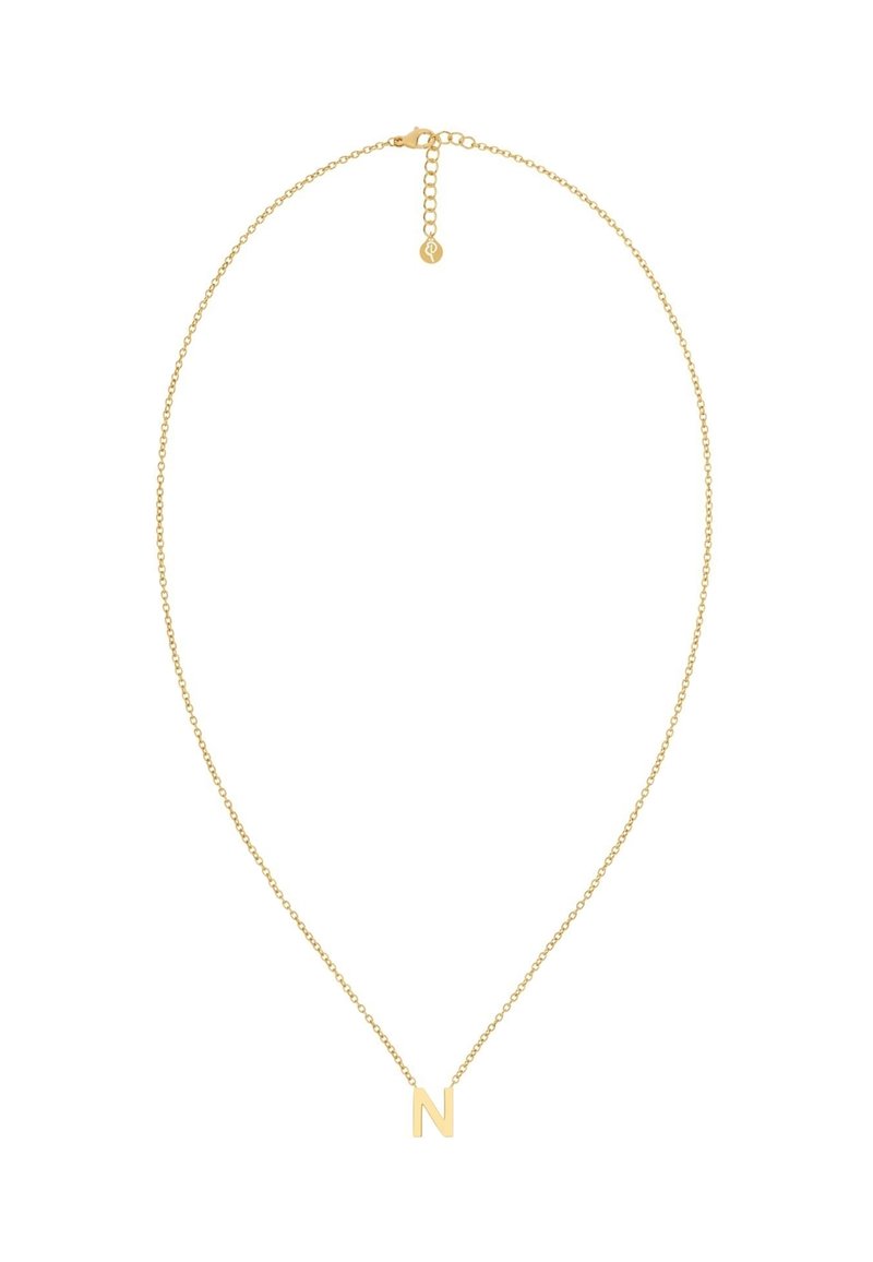 Kuldne ripats kaelakee koos peene kettiga, mille keskmes on plokktäht "N", poleeritud ja sileda tekstuuriga.