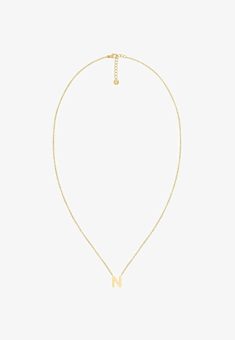 Kuldne ripats kaelakee koos peene kettiga, mille keskmes on plokktäht "N", poleeritud ja sileda tekstuuriga.