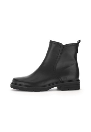 Zwarte leren korte laarzen met een gladde afwerking, ronde neus, elastische zijpanelen en een lage, gestructureerde rubberen zool. Perfect voor casual gebruik.