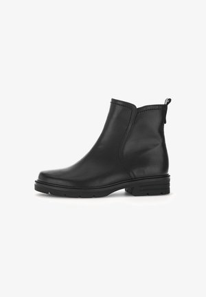 Black leather ankle boots with a smooth finish, rounded toe, elastic side panels, and a low, textured rubber sole. Prime for casual wear.