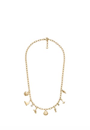 Goudkleurige ketting met een schakeldesign en diverse nautisch geïnspireerde bedels, waaronder een schelp en een kreeft, samen met kleine decoratieve accenten.