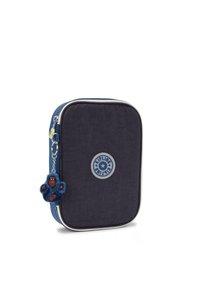 Navy fabric pencil case with rounded corners, white zipper, and a monkey keychain accessory. Features circular logo on front.