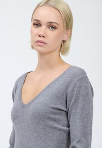 Maglione grigio in morbido tessuto, con scollatura a V profonda e maniche lunghe, che presenta un design aderente con una texture liscia.