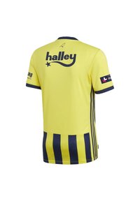 Keltainen lyhythihainen paita, jossa on tummansinisiä pystyraitoja, takana "halley"-logo ja tummansinisiä yksityiskohtia kauluksessa ja hihoissa.
