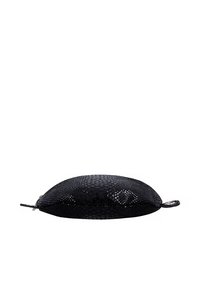 Small black oval pouch with textured snake-skin pattern, zipper closure, and pull tab on a white background.